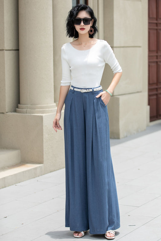 Womens elegant wide leg long linen pants 5254