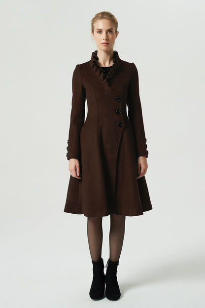 Brown Wool Coat - Asymmetrical Ruffle Collar Knee-Length 6311
