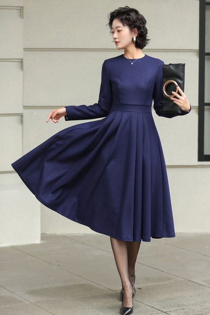 Blue swing winter wool dress women 6506
