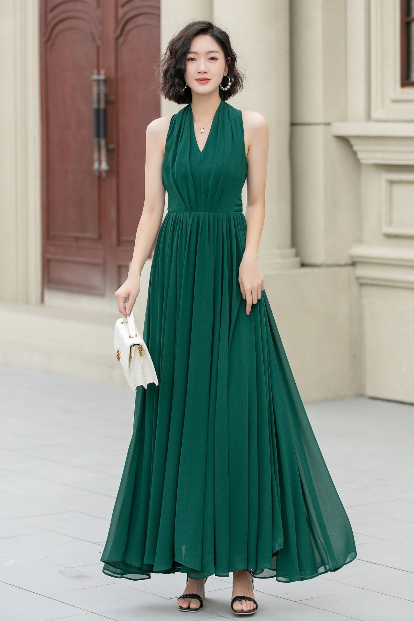 Green maxi halter chiffon party dress 5175