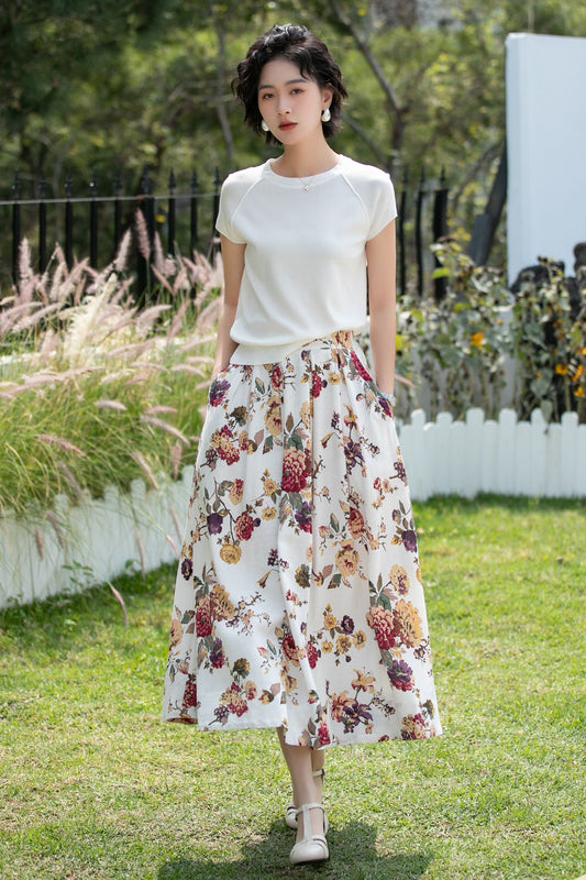 Vintage Floral Linen Cotton Swing Midi Skirt | Xiaolizi 6737