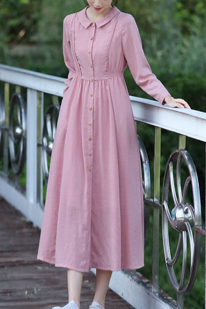 Pink Linen Midi Dress - Fit and Flare, Button-Front Detail 4821