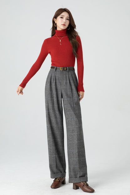 Gray Wool Wide Leg Pants – Vintage High Waist Winter Trousers with Pockets 5320