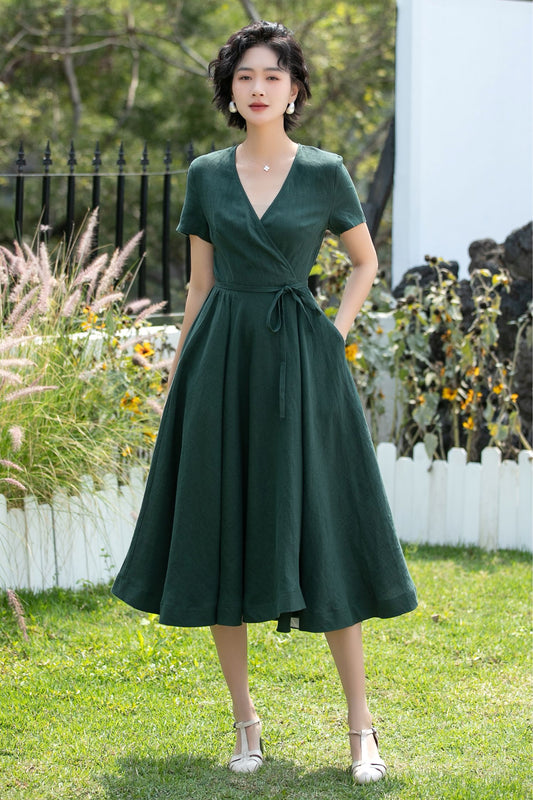V-Neck Linen Fit and Flare Midi Dress | Xiaolizi 6739