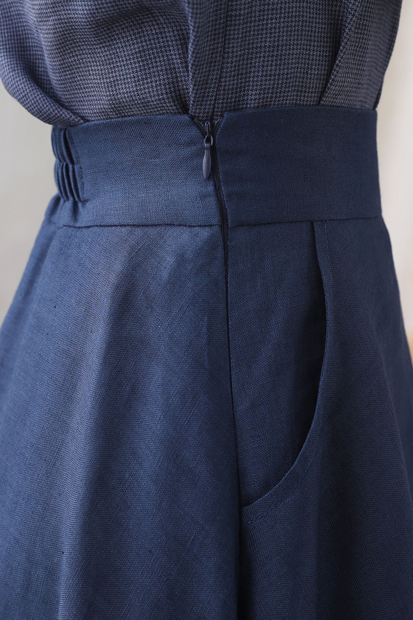 Dark Blue High Waist A Line Elastic Waist Linen Skirt 3339