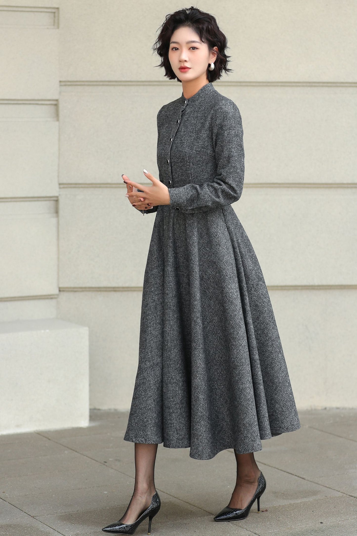 Wool A-Line Midi Gray Belted Vintage Style Dress 6508
