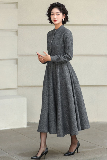 Wool A-Line Midi Gray Belted Vintage Style Dress 6508