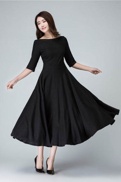 Black Linen Little Black Dress – Handmade Vintage Fit & Flare Midi Dress with Pockets | Xiaolizi 1458