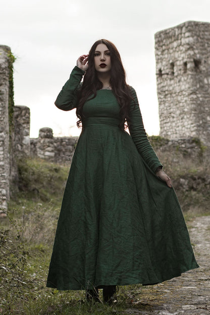 Army Green Linen Maxi Dress - Fitted Waist with Pockets 3463