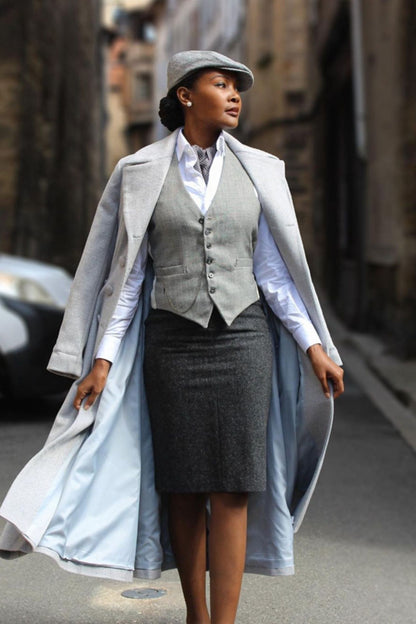 Vintage Gray Wool Coat – Elegant Double-Breasted Fit and Flare Winter Overcoat 2406
