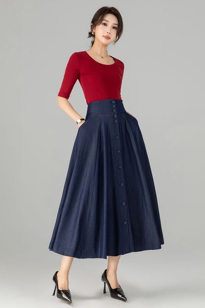Navy Cotton Denim Midi Skirt - A-Line High Waist Button Front 6143