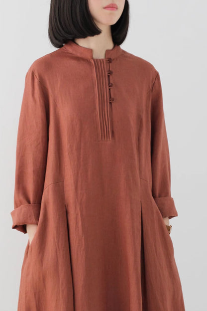 Long sleeves spring linen dress women 4826