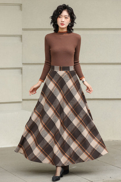 Plaid Wool A-Line Skirt – Brown Check Midi/Ankle Length, Handmade | Xiaolizi 6419