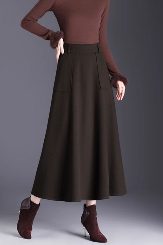 Brown Wool A-Line Midi Skirt with Pockets - Winter Warmth 6141