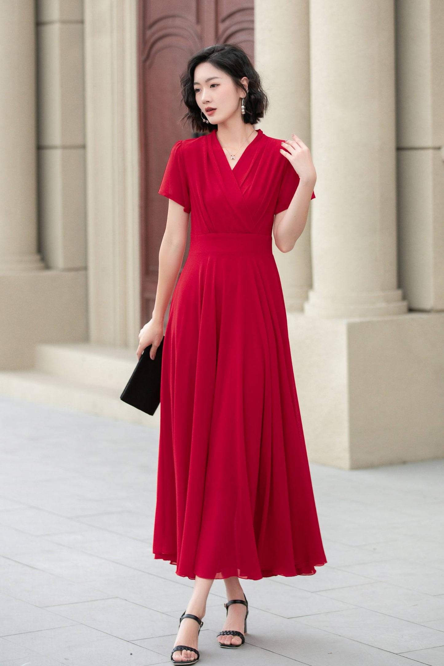 Red v neck prom summer swing chiffon dress 5174