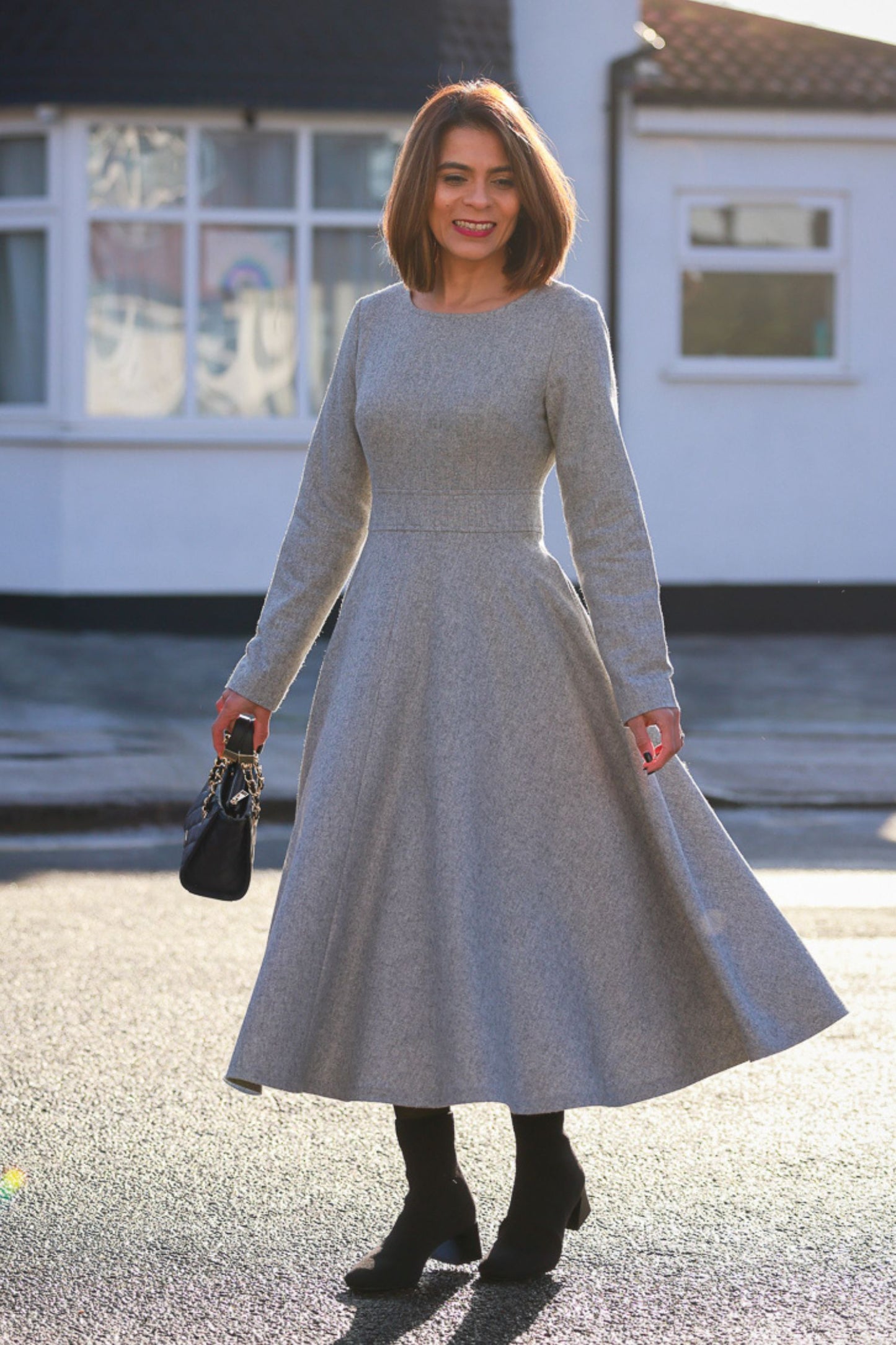 Gray long sleeves wool dress winter women 4143