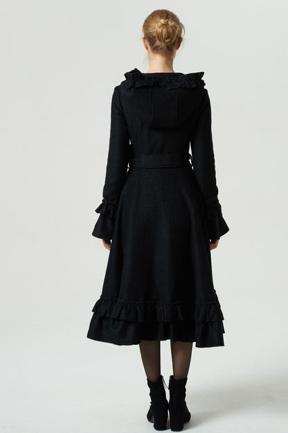 Black Wool Blend Long Coat - Ruffle Hood Belt Dipped Hem | Xiaolizi 1970