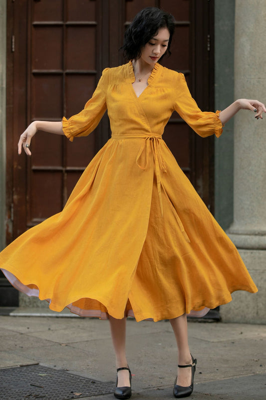 Yellow linen wrap dress with belted 5684