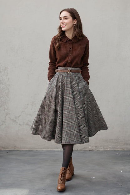 Gray Plaid Wool Midi Skirt – Vintage High Waist Pleated Circle Skirt 5306