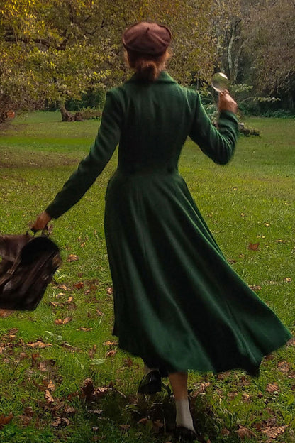 Handmade Dark Green Wool Maxi Coat – Vintage Double Breasted Fit and Flare | Xiaolizi 3221