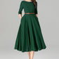 Handmade Green Linen Cotton Midi Dress – Classic Fit & Flare with Pockets 5580