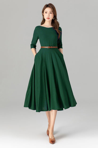 Emerald Green Linen Midi Dress – Handmade Fit & Flare Work Dress with Pockets | Xiaolizi 5580