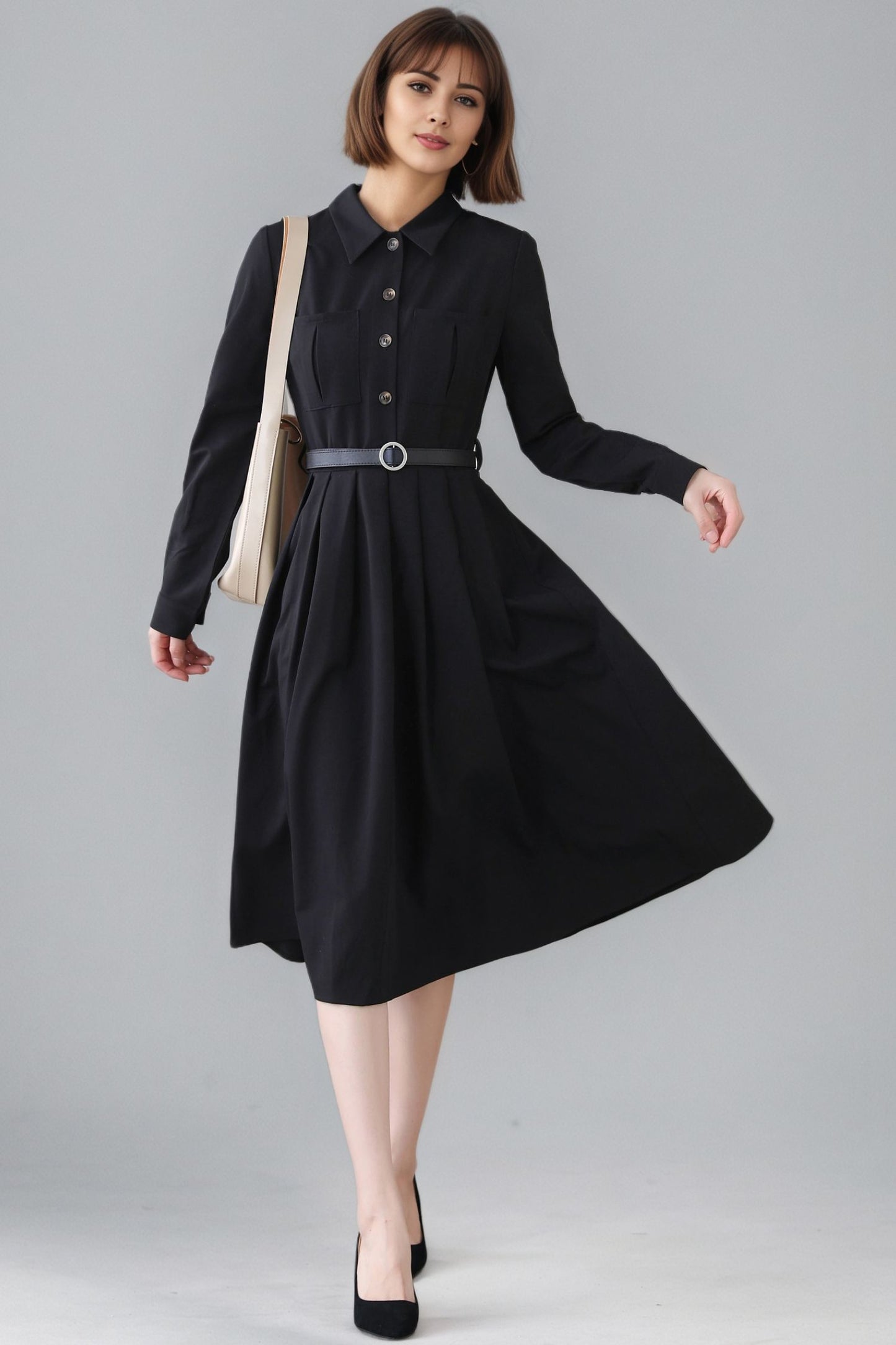 Xiaolizi Black Pleated Midi Dress – Vintage Long Sleeve Button Front Dress 6347