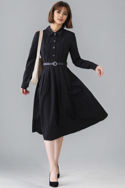 Xiaolizi Black Pleated Midi Dress – Vintage Long Sleeve Button Front Dress 6347