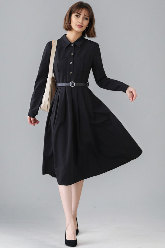 Xiaolizi Black Pleated Midi Dress – Vintage Long Sleeve Button Front Dress 6347