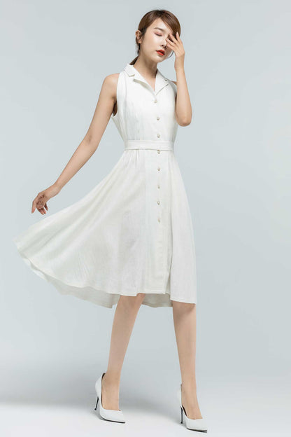 White Linen Shirt Dress - Sleeveless Fit and Flare Knee-Length 2378