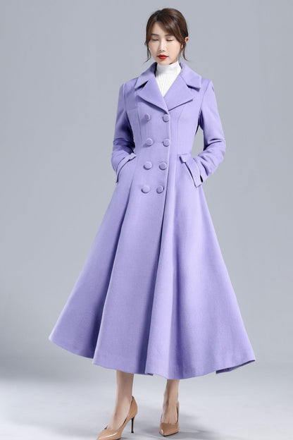 Light Purple Wool Fit-and-Flare Long Coat – Double-Breasted Elegant Silhouette | Xiaolizi 3232
