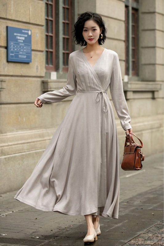 Long sleeves gray wrap linen dress 5672