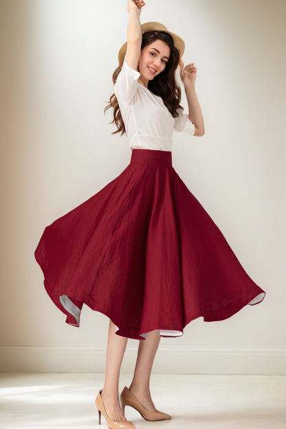 Deep Red Linen Skirt – Flared High Waist Midi Skirt for Spring Summer 5070