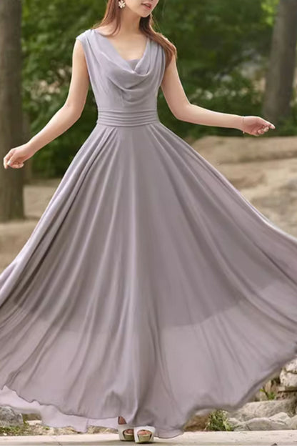 Gray Chiffon Maxi Dress - Fit and Flare Swing Silhouette 5168