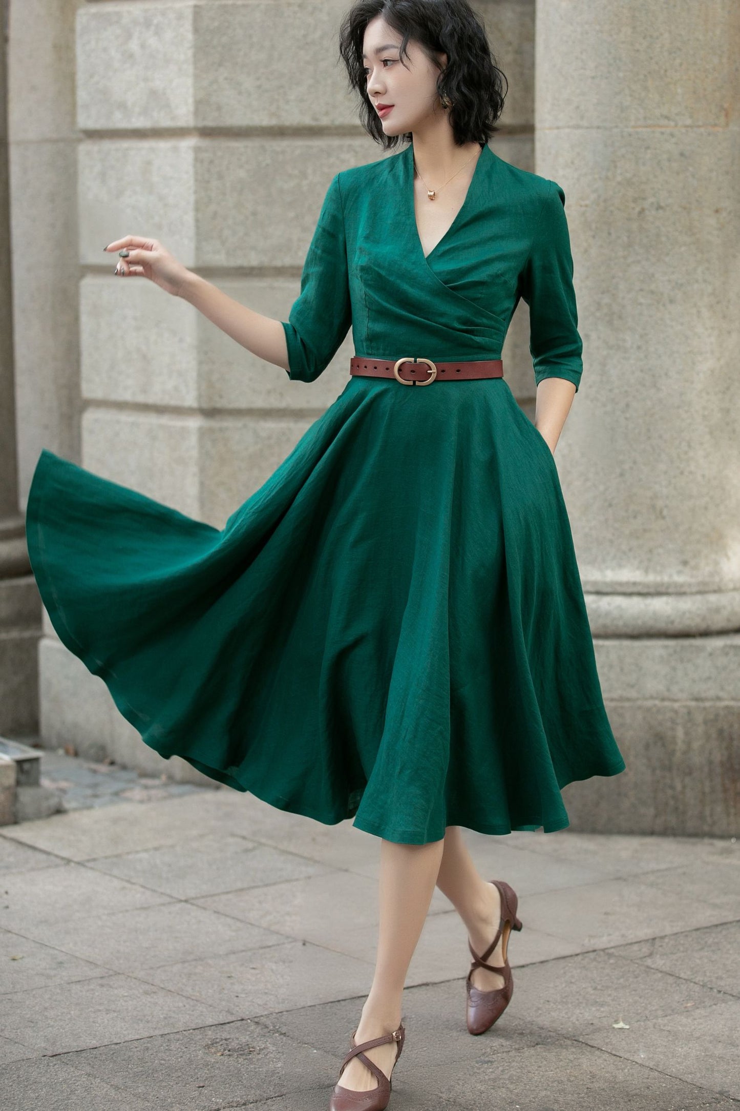 Green swing linen midi dress women 5677