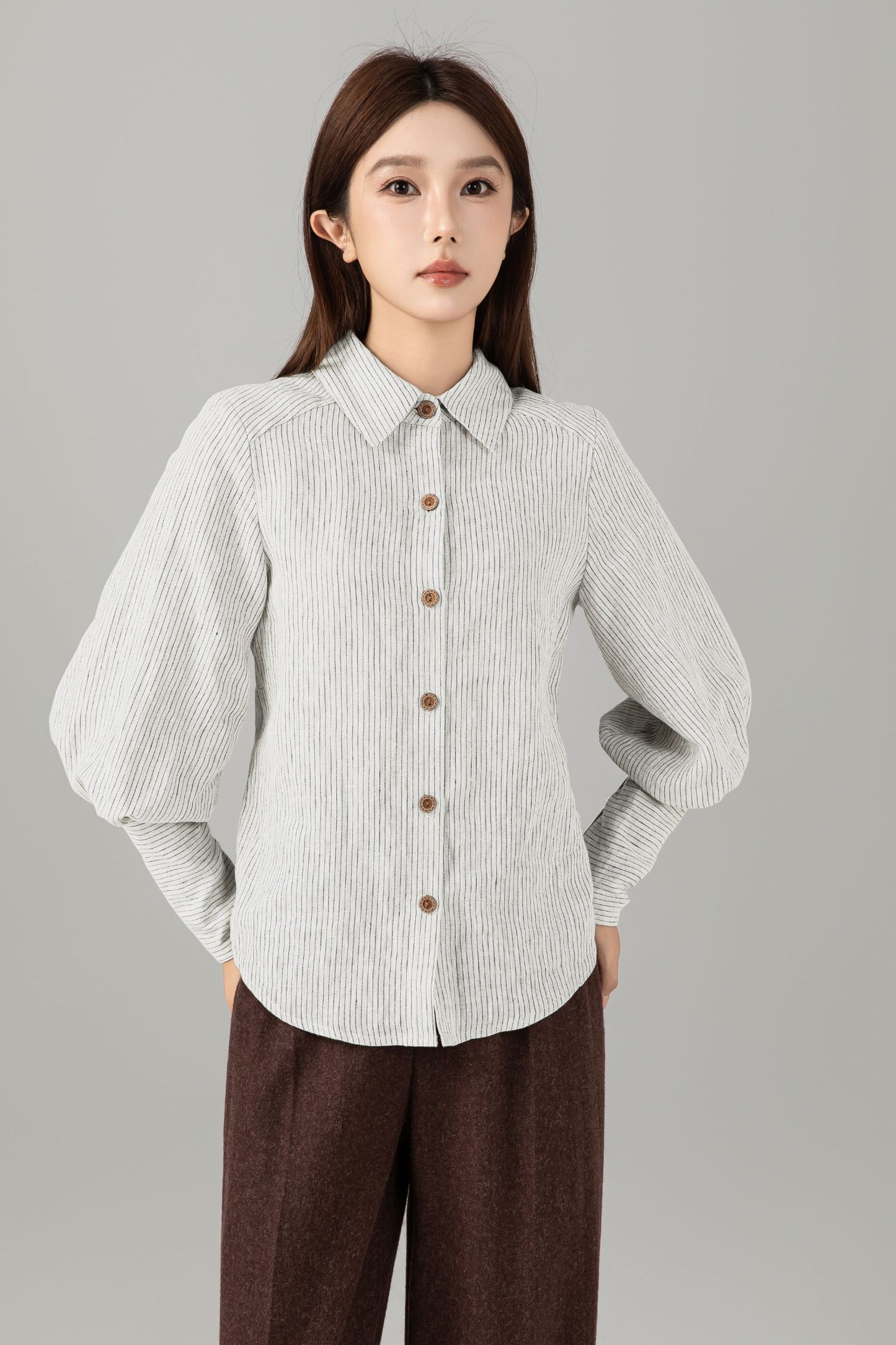 Striped Linen Blouse - Button Down Puff Sleeve | Xiaolizi 6755