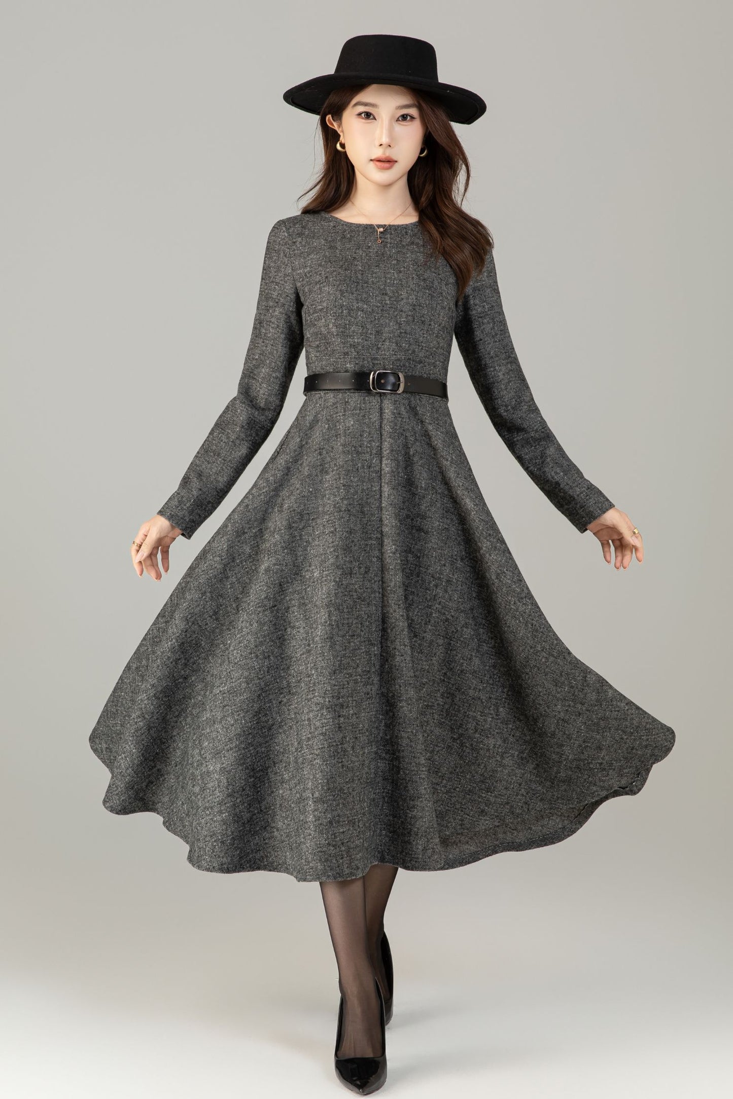 Xiaolizi Vintage-Inspired Handmade Wool Blend Fit & Flare Midi Dress – Long Sleeve Round Neck 6501