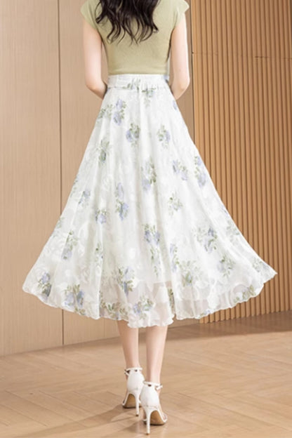 Midi floral high waisted chiffon skirt 6191