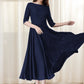 Xiaolizi Navy Linen Dress – Vintage Fit and Flare Midi Dress with Pockets 6654