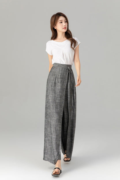 Gray Linen Cotton Wide Leg Wrap Pants - Asymmetrical Ankle | Xiaolizi 4938