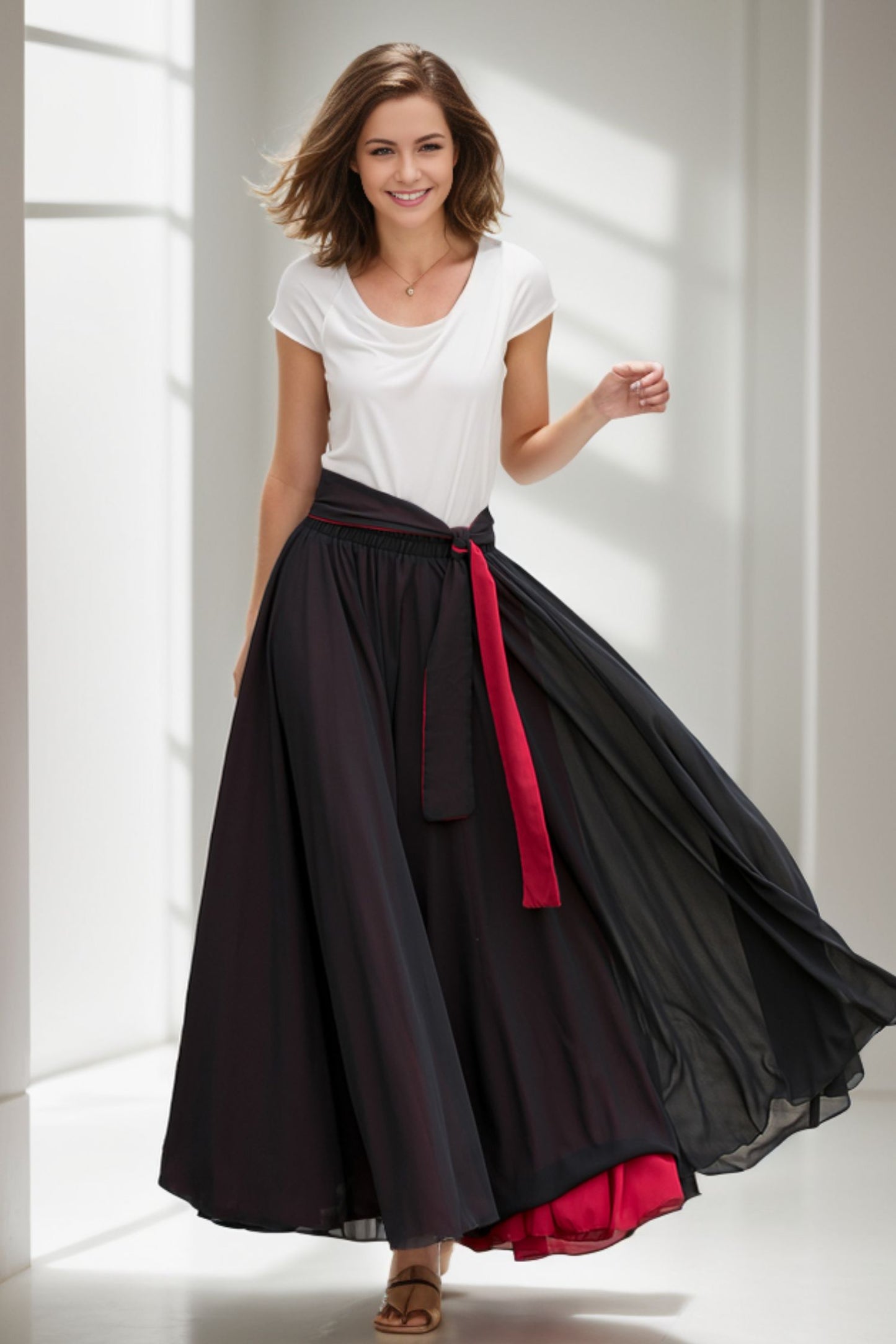 Black Long Chiffon Maxi Skirt Women 5130