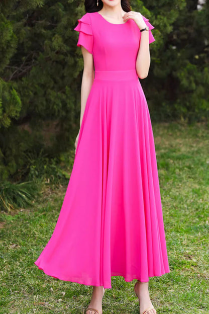 Rose Red Chiffon Maxi Dress - Flowing Skirt, Short Sleeve 5103