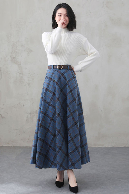 Women Winter long Plaid Wool skirt 4007
