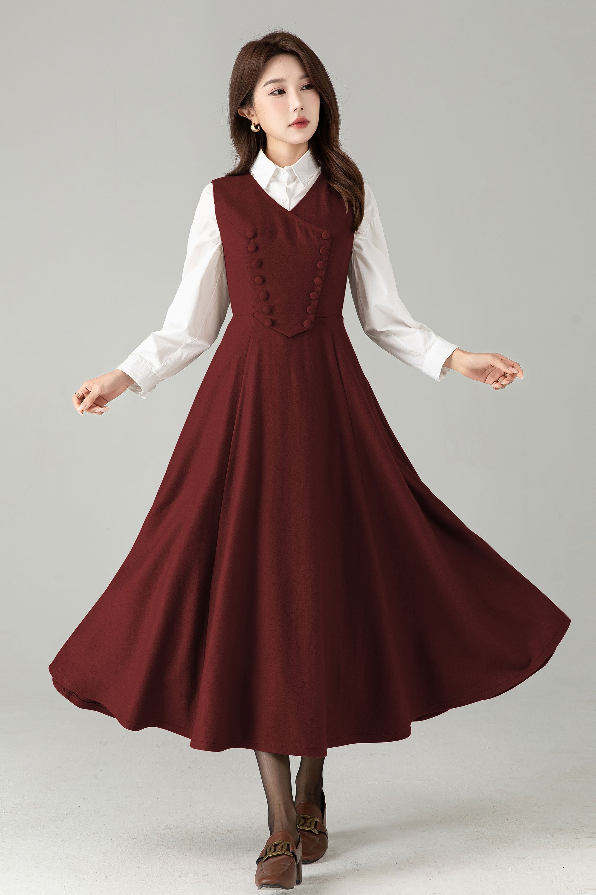 Camel Wool Pinafore Dress – Vintage A-Line Sleeveless Winter Midi