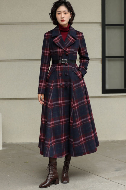 Plaid Wool Swing Coat – Vintage 1950s Double Breasted Long Overcoat 6536