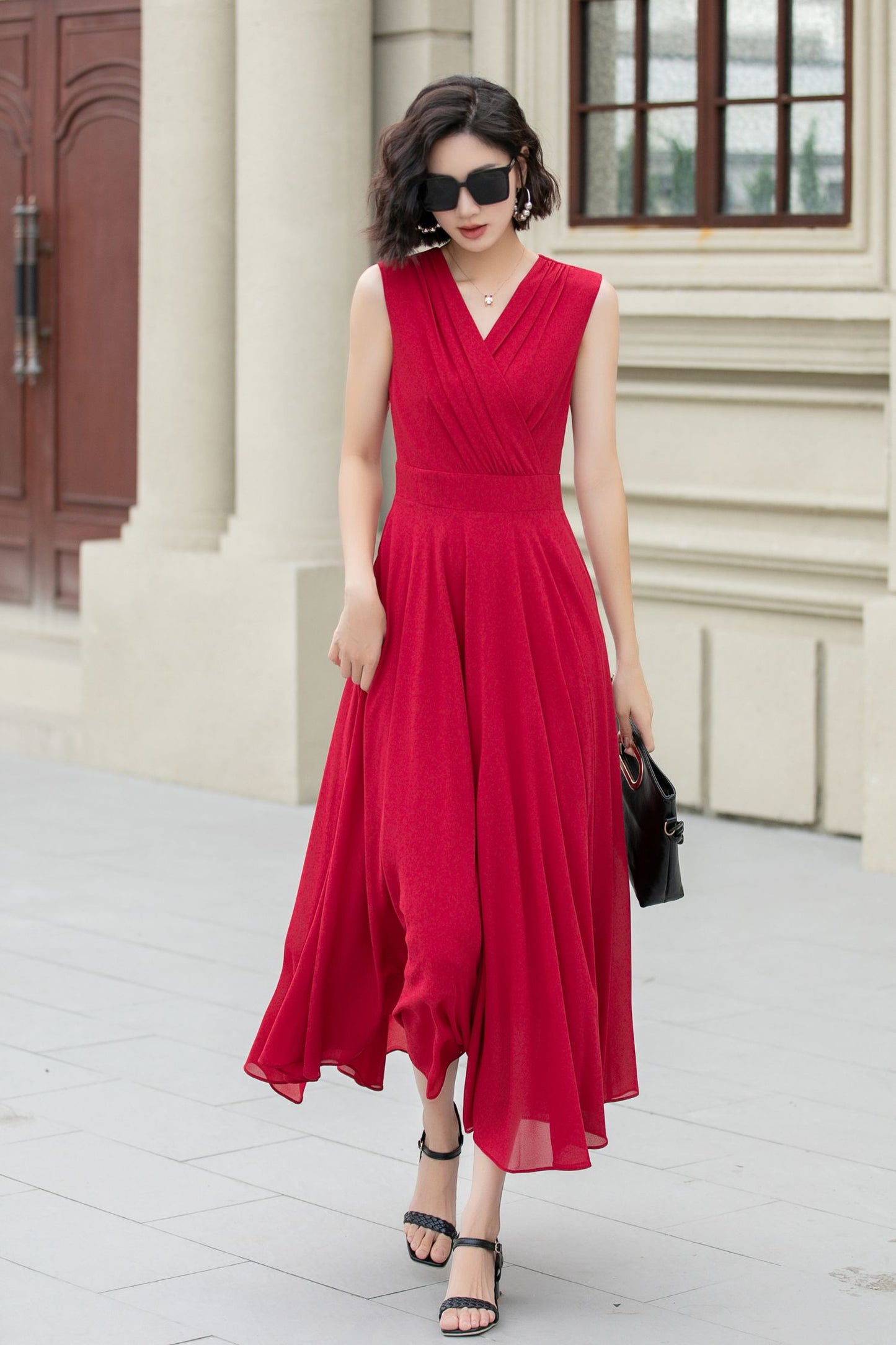 Burgundy sleeves summer prom chiffon dress 5173