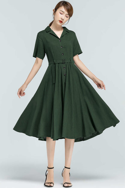 Green Linen-Cotton Midi Shirt Dress - Belted Vintage Swing 5764