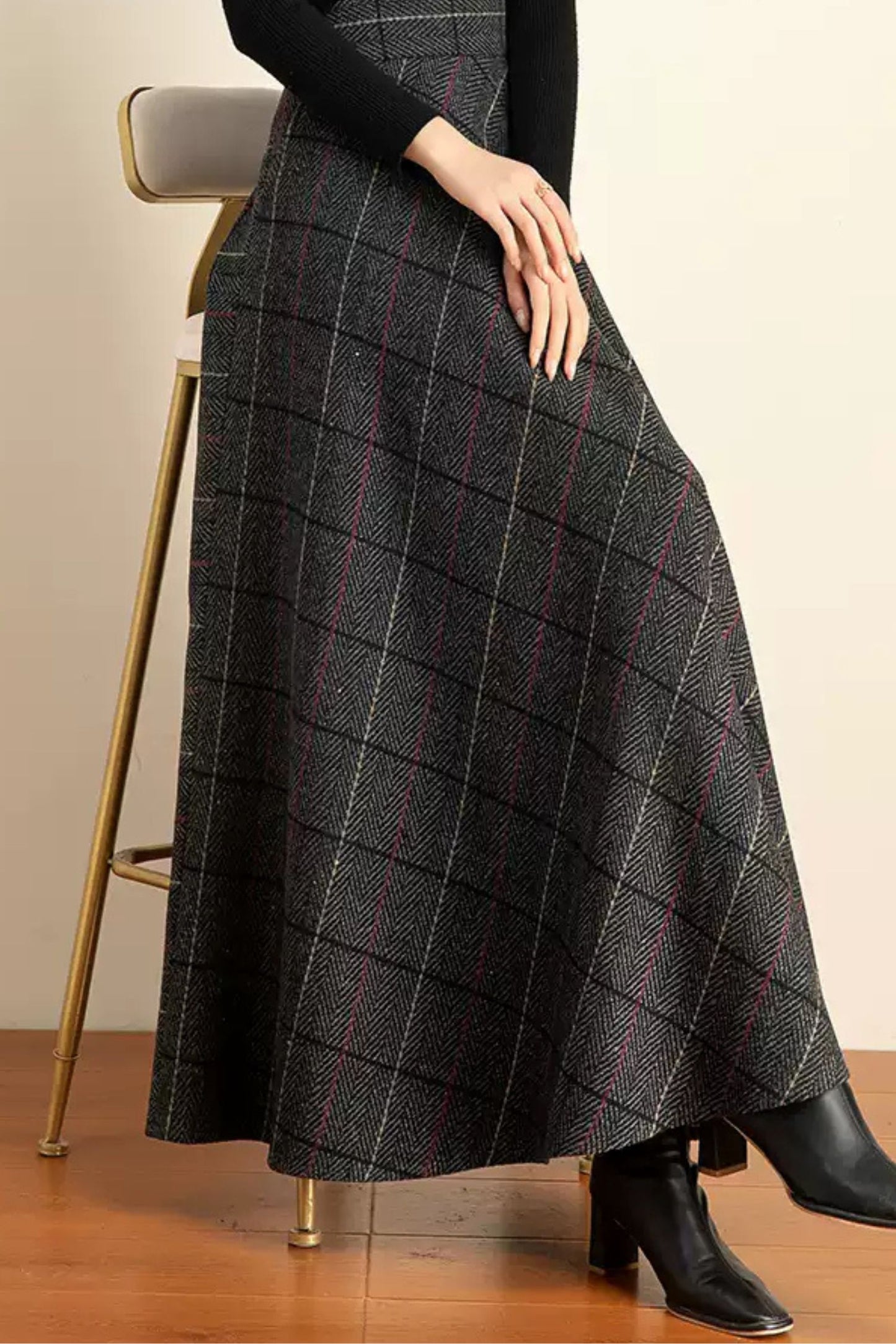 Plaid Wool Blend Maxi Skirt – Warm High Waist Winter Skirt with Pockets 6202