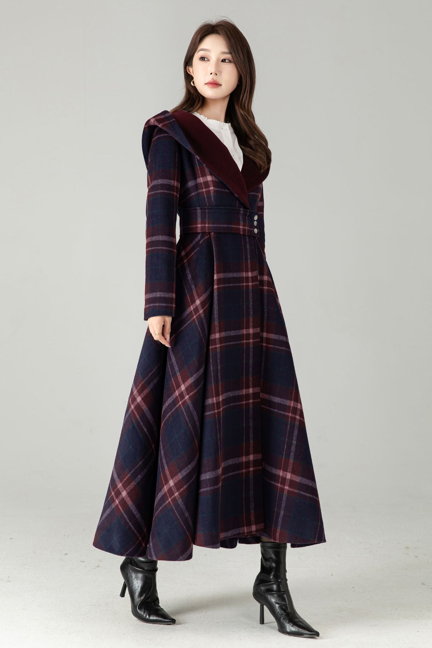Plaid Hooded Wool Coat – A-Line Long Winter Coat with Contrast Lapel | Xiaolizi 6570