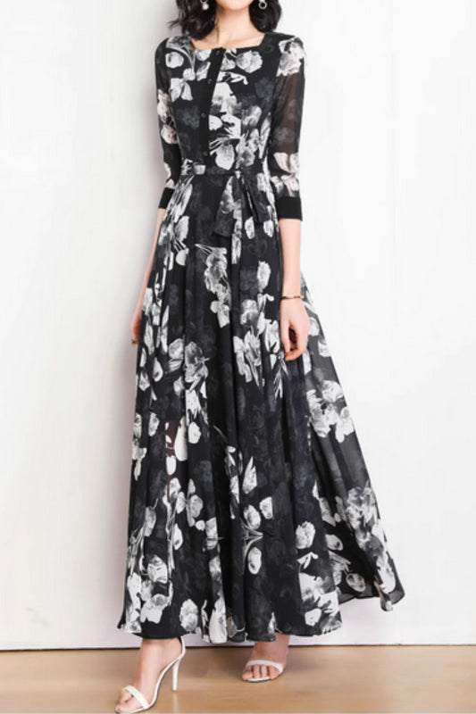 Black flower printed maxi summer chiffon dress 5073